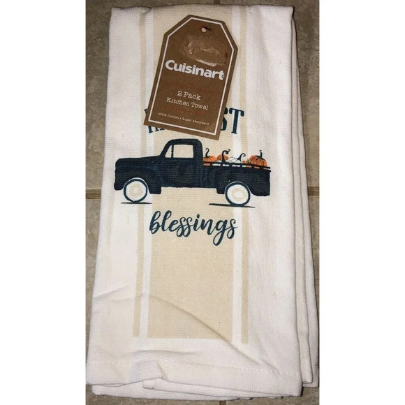 NWT Cuisinart  2 Pack Kitchen Towels Fall Harvest Blessings Blue Truck 16” X 26” - Picture 2 of 2